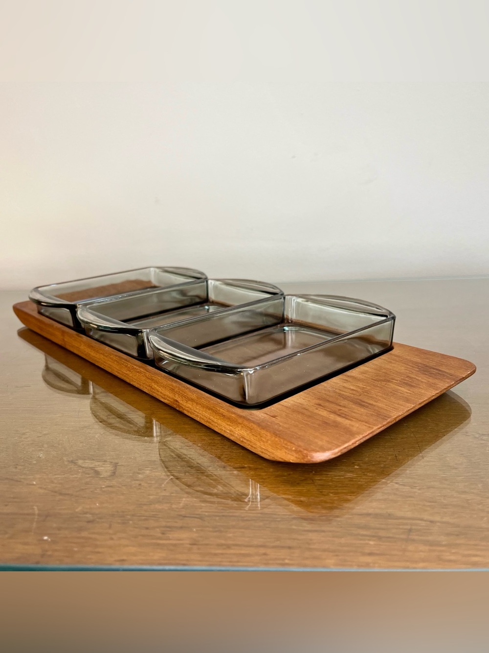 1960's Lunning Teak Wood H’ors d’Oeuvres Snack Tray - 3 Glass Trays MCM Vintage